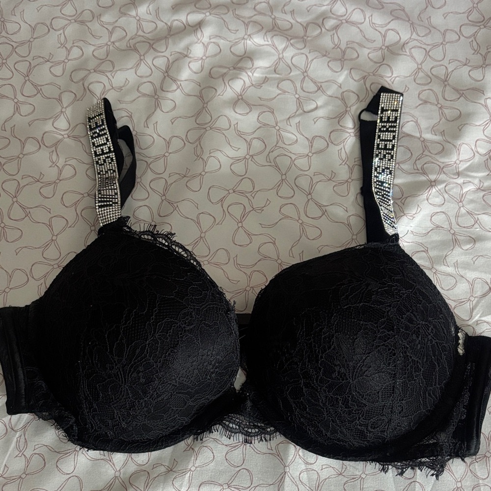 Elegant Victoria secret push up Black Lace Bra with rhinestone straps - Picture 2 of 8